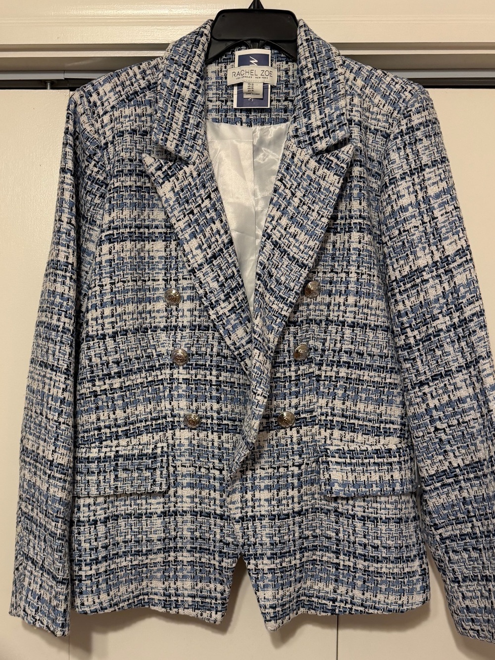 Rachel Zoe Light Blue & White Tweed Double-Breasted Blazer